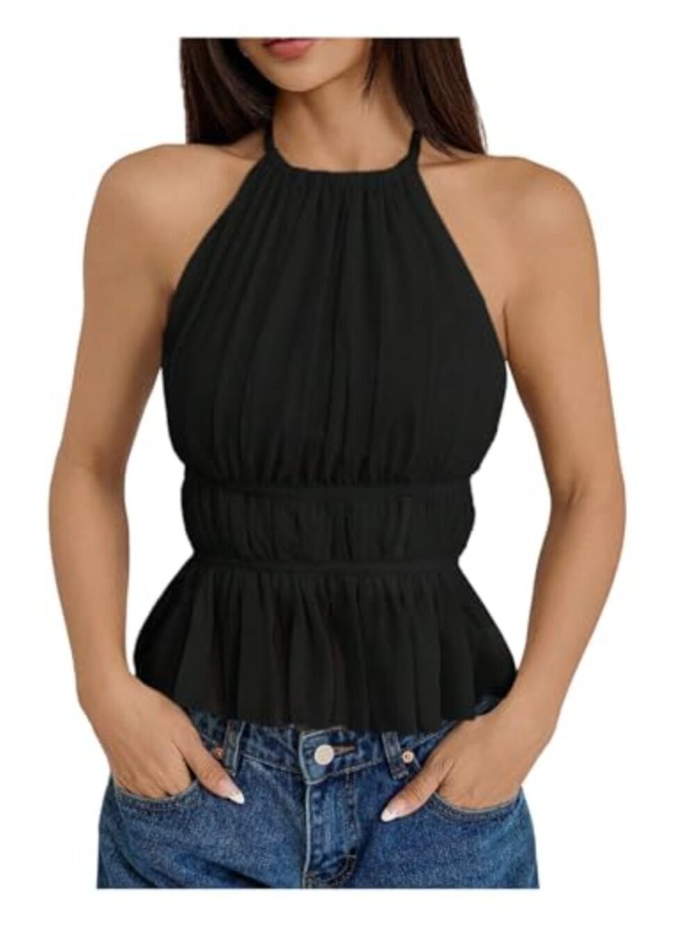 Women's Elegant Tie Back Halter Top Mesh Sleeveless Peplum Blouse